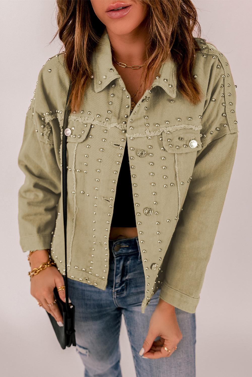 Frayed Trim Rivet Denim Jacket - Flyclothing LLC