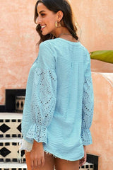 Crochet Flounce Sleeve Button Up Blouse - Flyclothing LLC