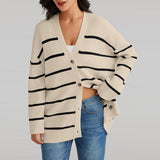 Striped V-Neck Long Sleeve Cardigan - Flyclothing LLC