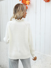 Button Detail Frill Neck Rib-Knit Sweater - Trendsi