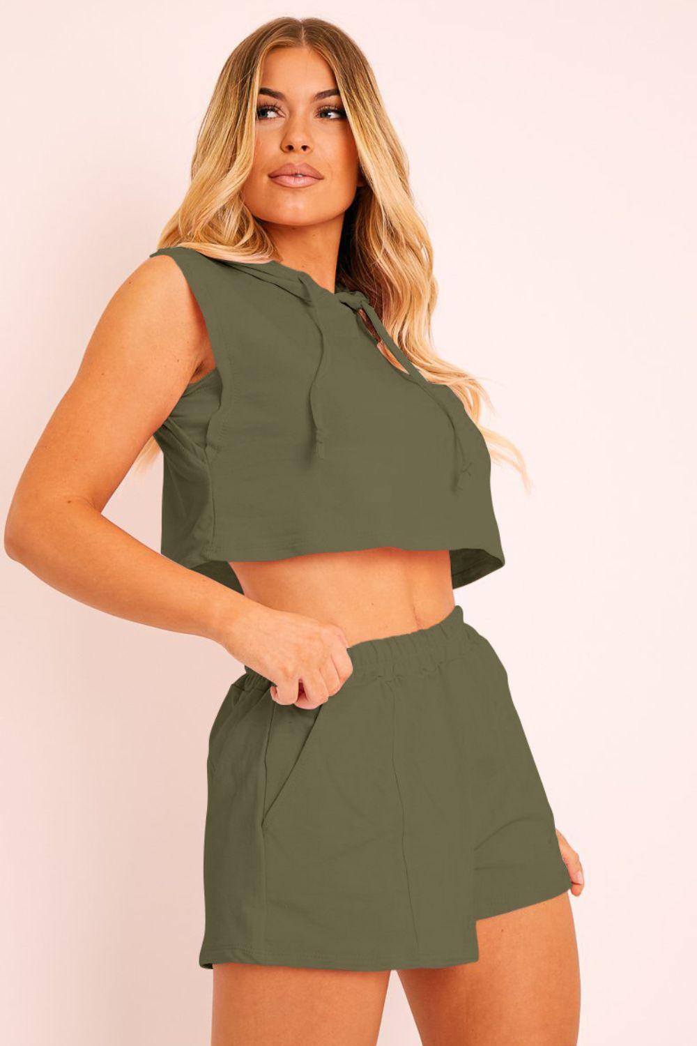 Hooded Crop Top & Pocketed Shorts Set - Flyclothing LLC