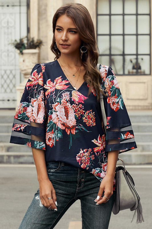 Printed Flare Sleeve Top - Trendsi