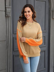 Contrast Round Neck Dropped Shoulder Sweater - Flyclothing LLC