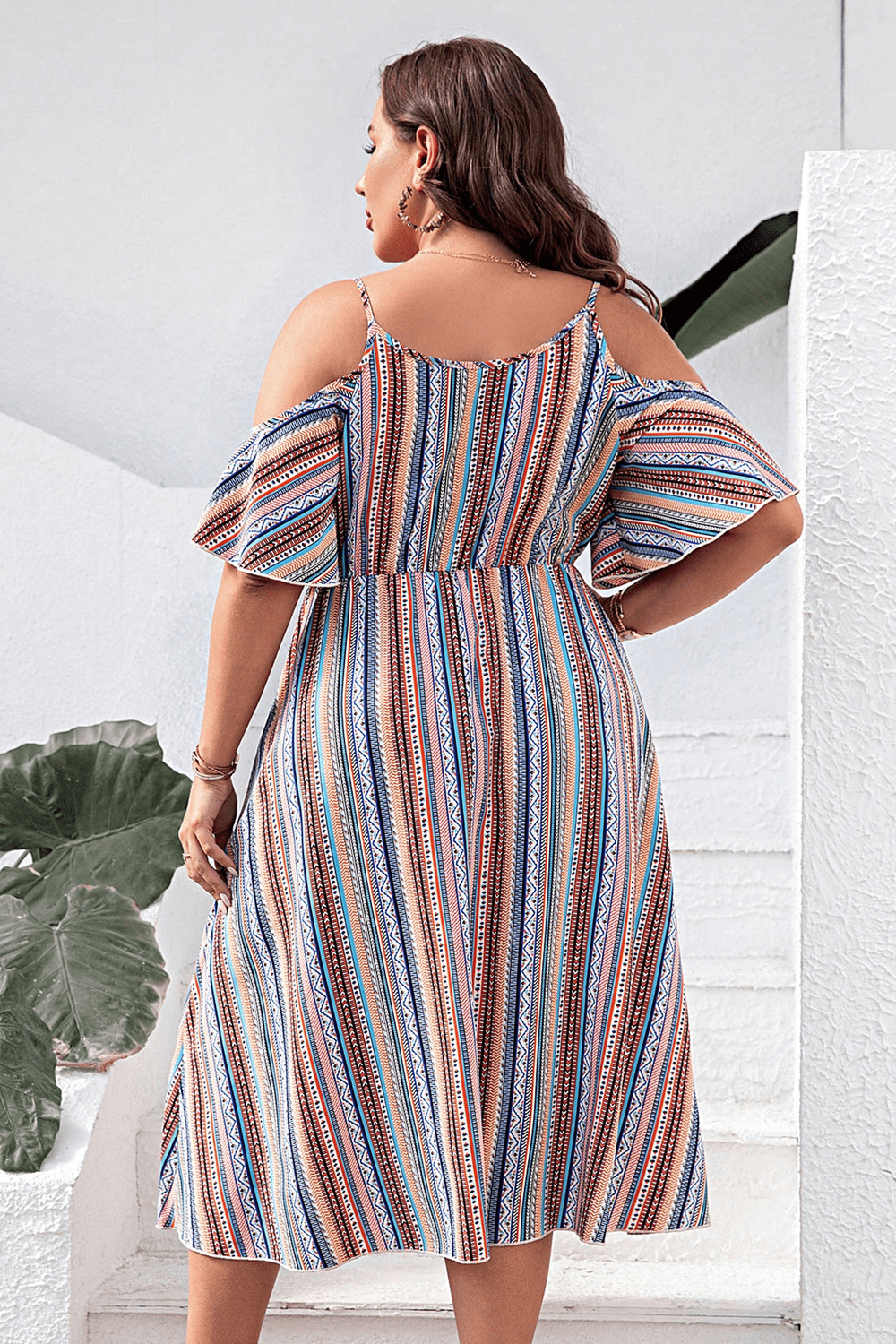 Plus Size Striped Cold-Shoulder Dress - Flyclothing LLC