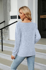 Ribbed Square Neck Long Sleeve T-Shirt - Flyclothing LLC