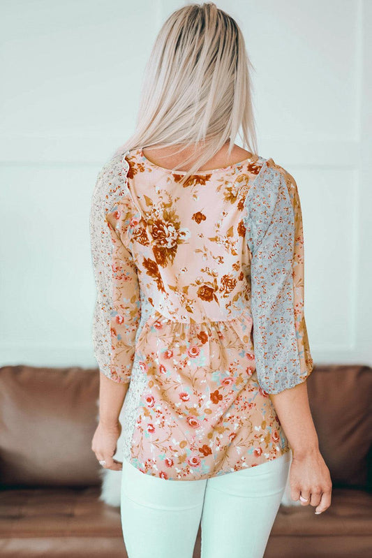 Floral V-Neck Babydoll Blouse - Flyclothing LLC