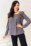 Double Take Square Neck Ruffle Shoulder Long Sleeve T-Shirt - Flyclothing LLC