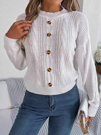 Cable-Knit Buttoned Round Neck Sweater - Flyclothing LLC