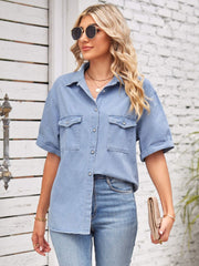 Collared Neck Short Sleeve Denim Jacket - Flyclothing LLC