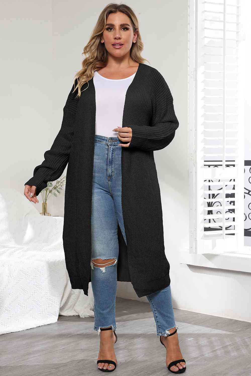 Plus Size Open Front Long Sleeve Cardigan - Flyclothing LLC