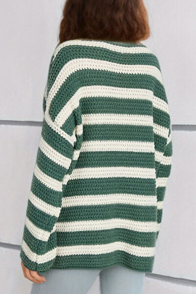 Striped Round Neck Dropped Shoulder Sweater - Flyclothing LLC