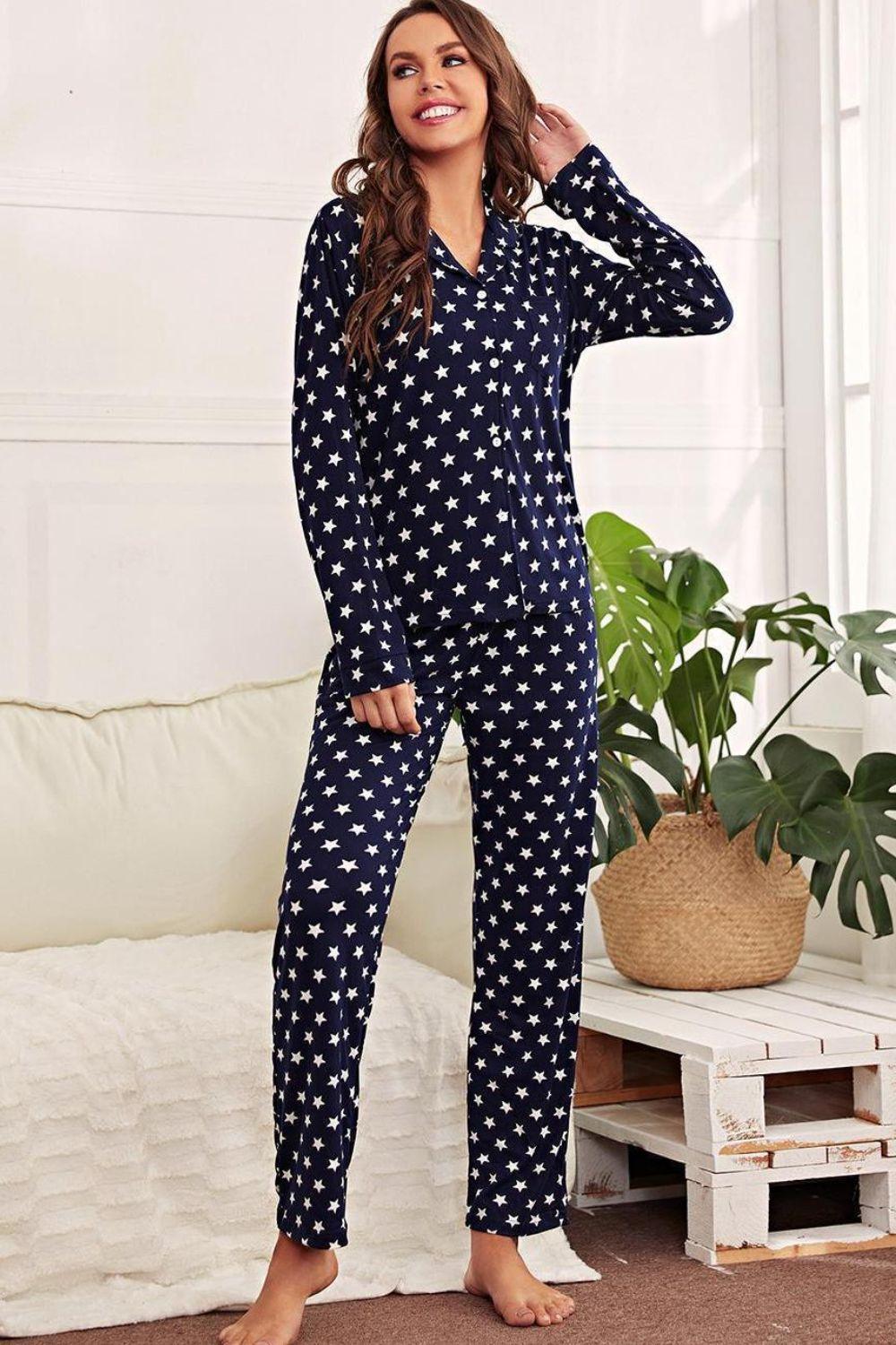 Star Print Button-Up Shirt and Pants Lounge Set - Flyclothing LLC