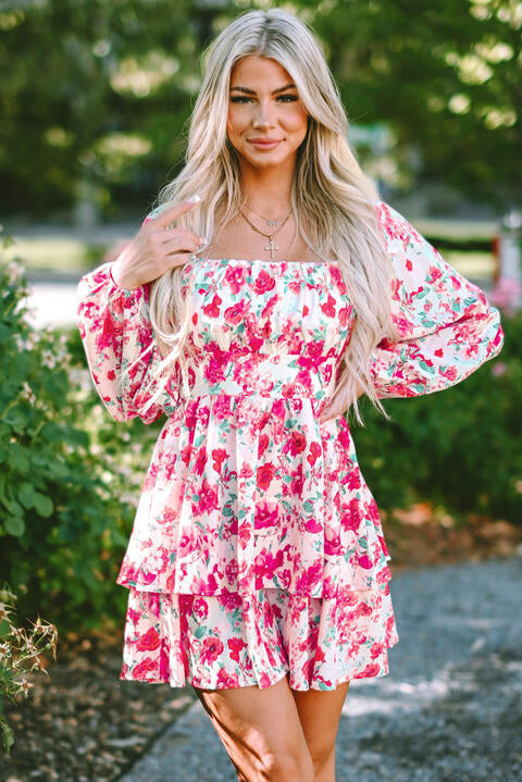 Floral Square Neck Layered Dress - Flyclothing LLC