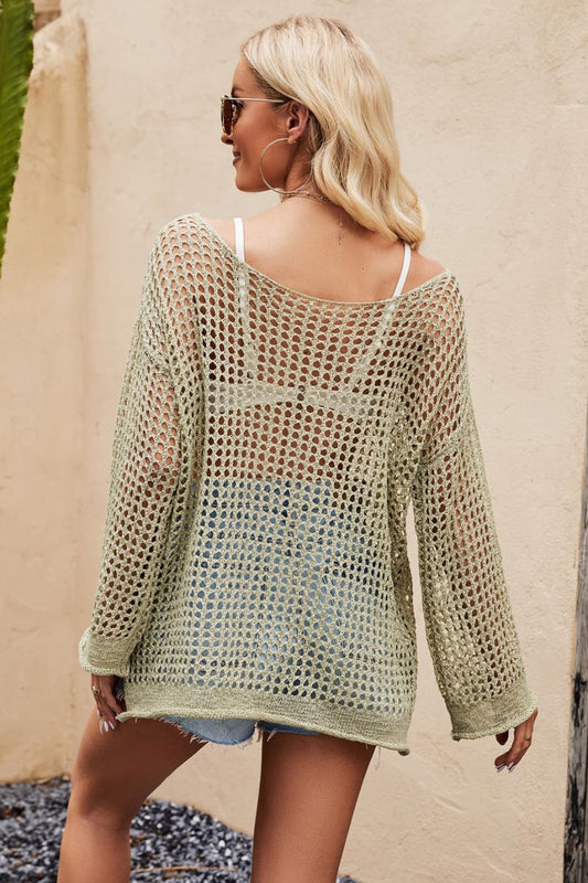 Openwork Round Neck Long Sleeve Cover Up - Flyclothing LLC