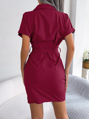 Button Down Ruched Tie Belt Dress - Flyclothing LLC