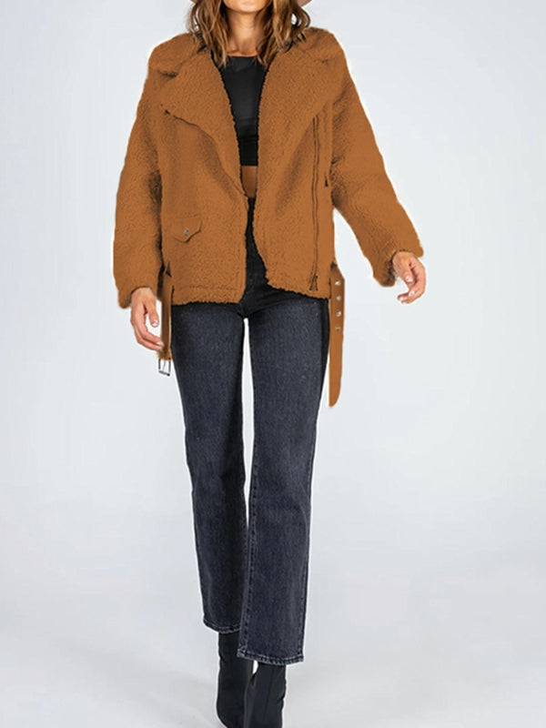 Zip-Up Belted Sherpa Jacket - Flyclothing LLC