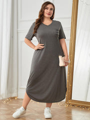 Plus Size Pocketed V-Neck Short Sleeve Lounge Dress - Flyclothing LLC