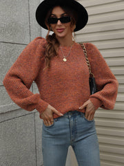 Heathered Long Lantern Sleeve Rib-Knit Sweater - Trendsi