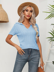 Cable-Knit Johnny Collar Short Sleeve Knit Top - Flyclothing LLC