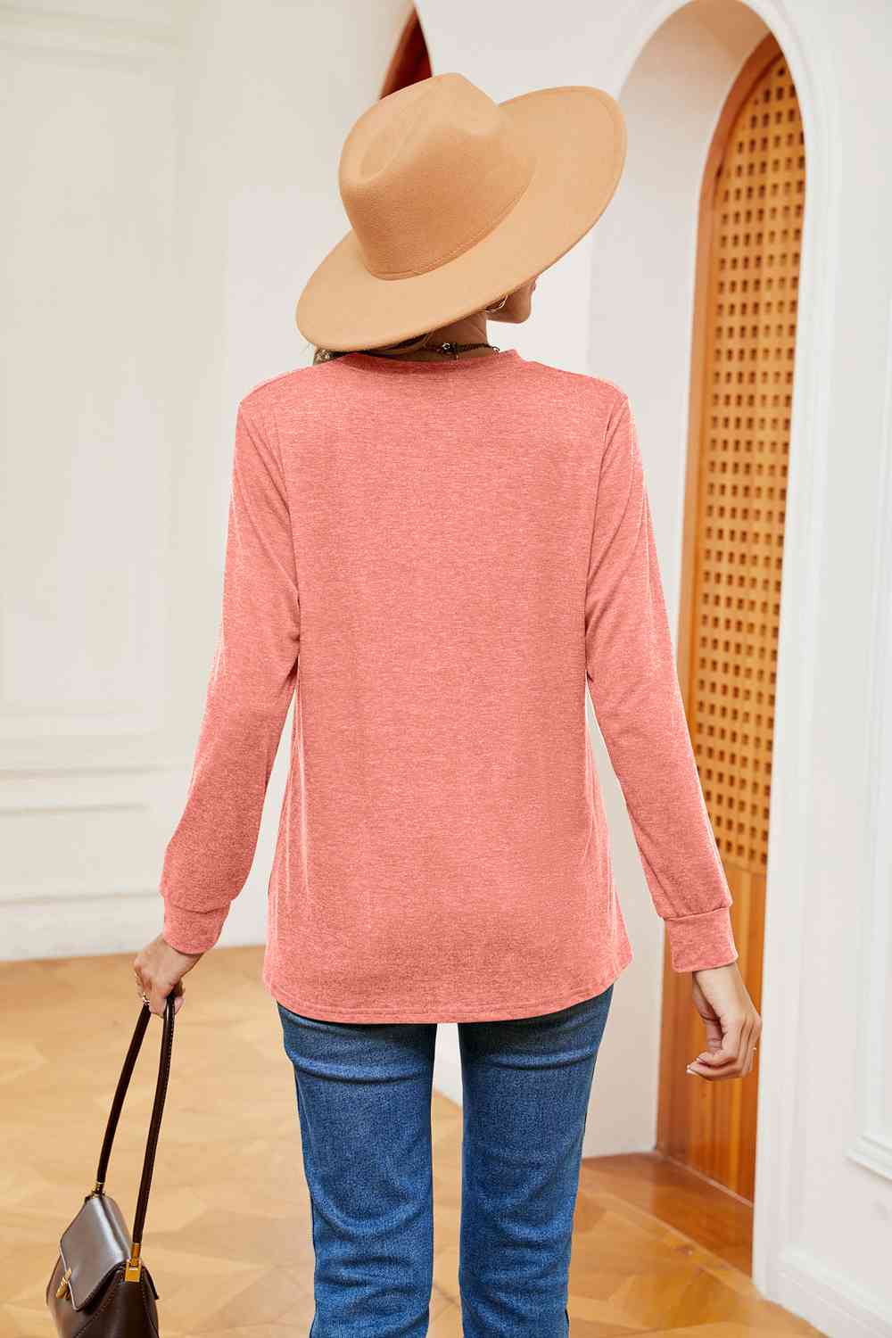 Buttoned Notched Neck Long Sleeve Top - Trendsi