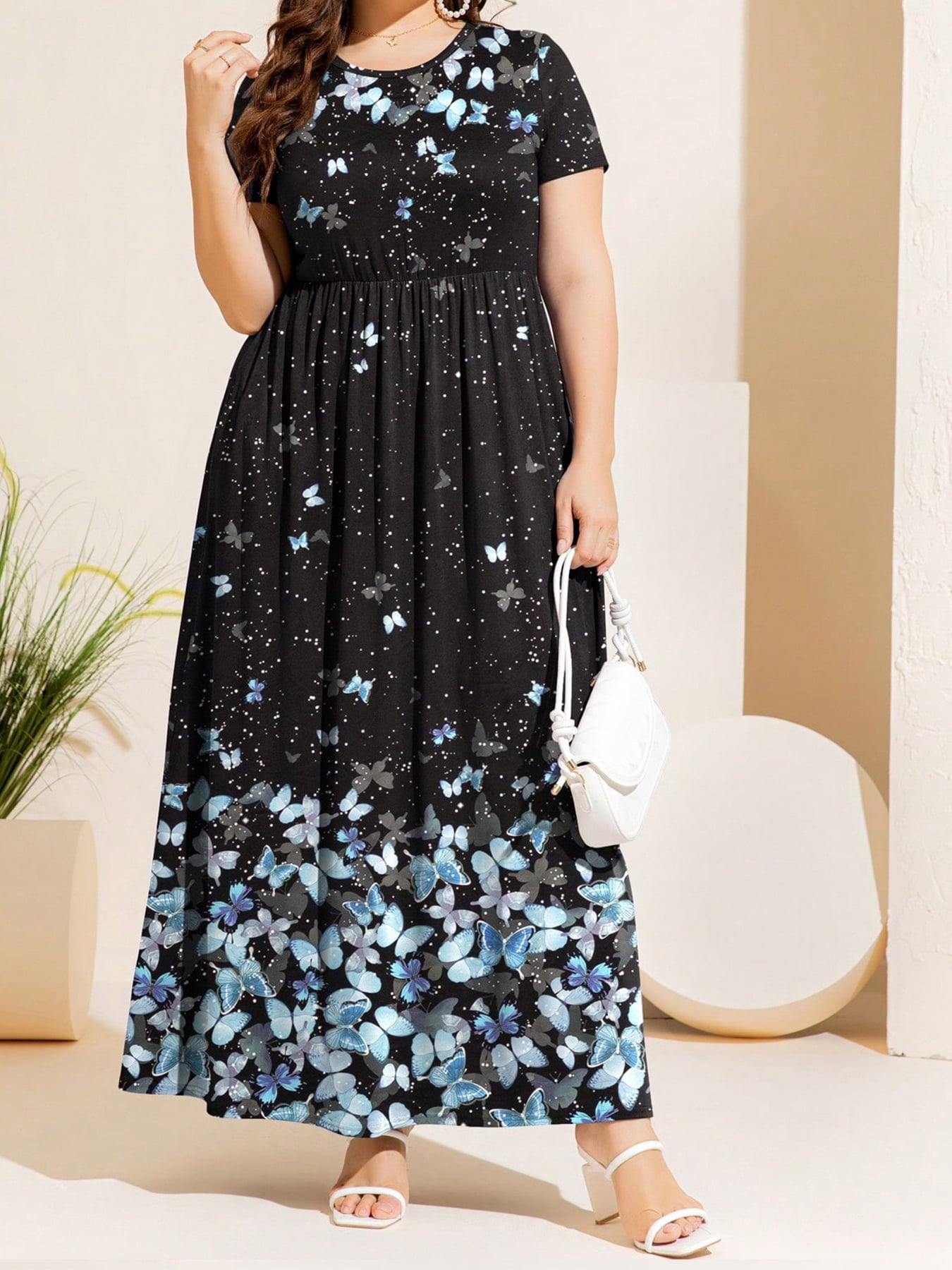 Plus Size Printed Round Neck Short Sleeve Maxi Dress - Flyclothing LLC