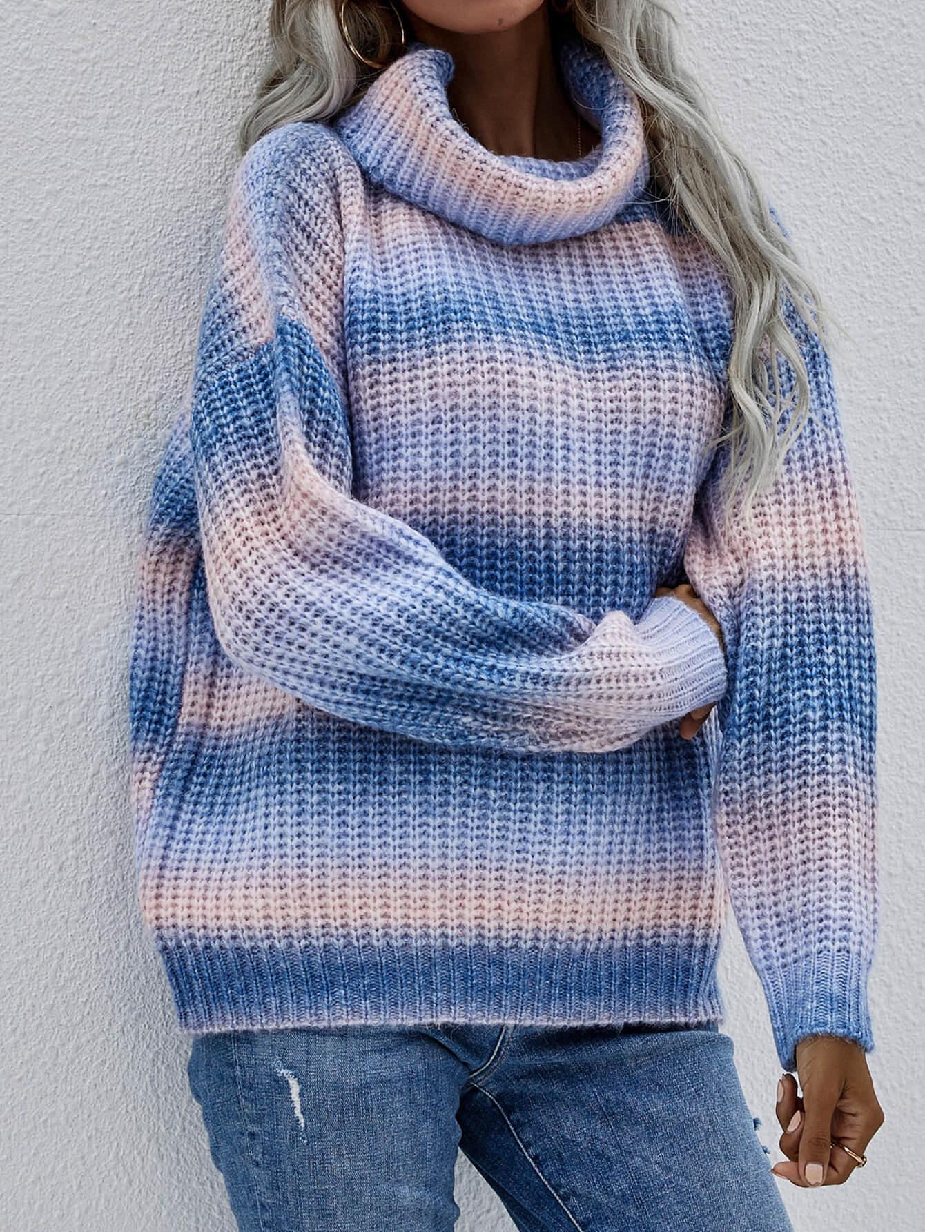 Rainbow Rib-Knit Turtleneck Drop Shoulder Sweater - Flyclothing LLC