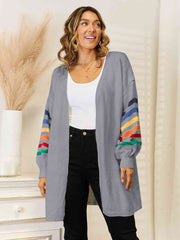 Striped Open Front Dropped Shoulder Cardigan - Flyclothing LLC