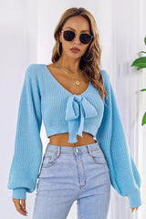 Bow V-Neck Long Sleeve Cropped Sweater - Trendsi