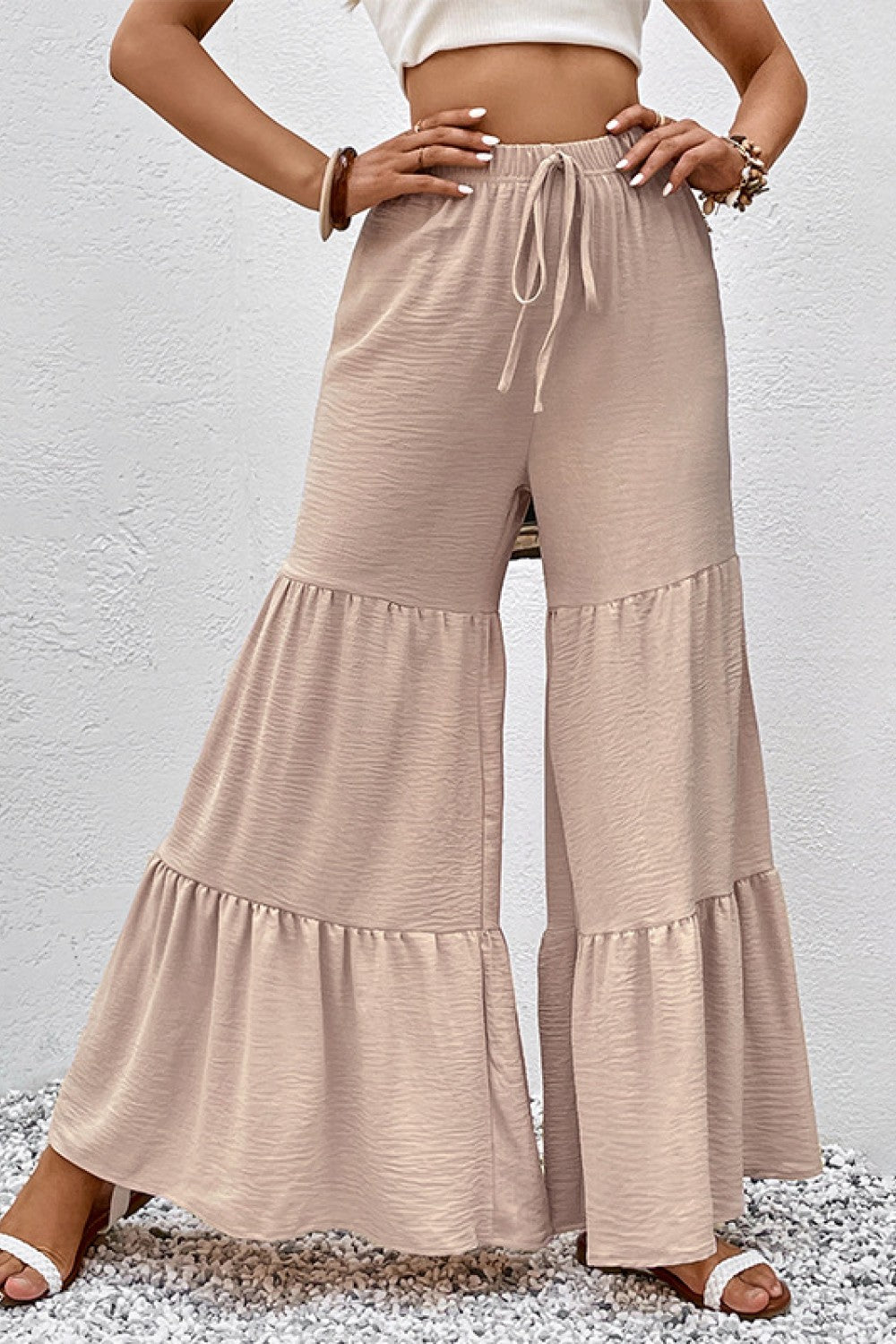 Drawstring Waist Tiered Flare Culottes - Flyclothing LLC