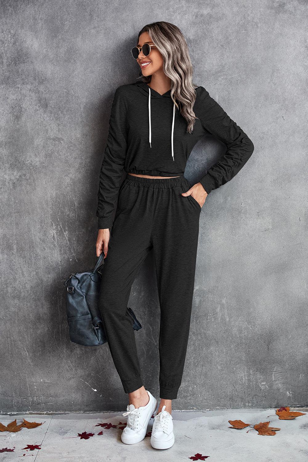 Ruched Raglan Sleeve Hoodie and Joggers Set - Flyclothing LLC