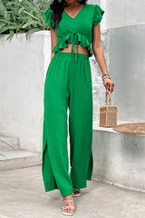 V-Neck Ruffle Hem Top and Slit Pants Set - Flyclothing LLC