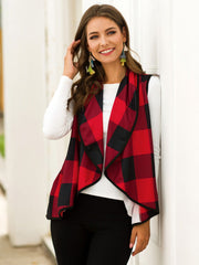 Plaid Open Front Sleeveless Cardigan - Flyclothing LLC