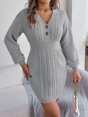 Buttoned Cable-Knit V-Neck Sweater Dress - Flyclothing LLC