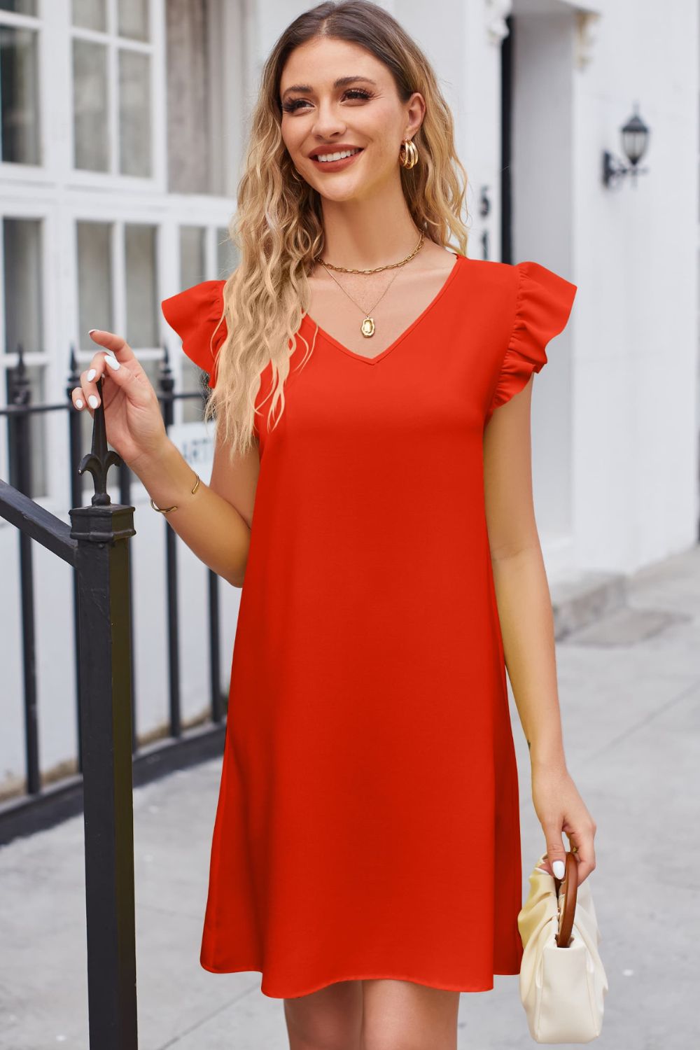 Ruffled V-Neck Flutter Sleeve Dress - Flyclothing LLC