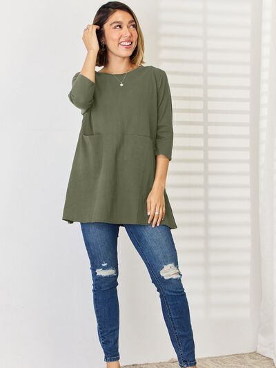 Pocketed Round Neck Half Sleeve Blouse - Flyclothing LLC