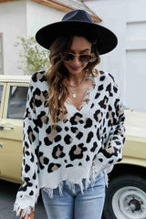 Animal Print Distressed V-Neck Drop Shoulder Sweater - Flyclothing LLC