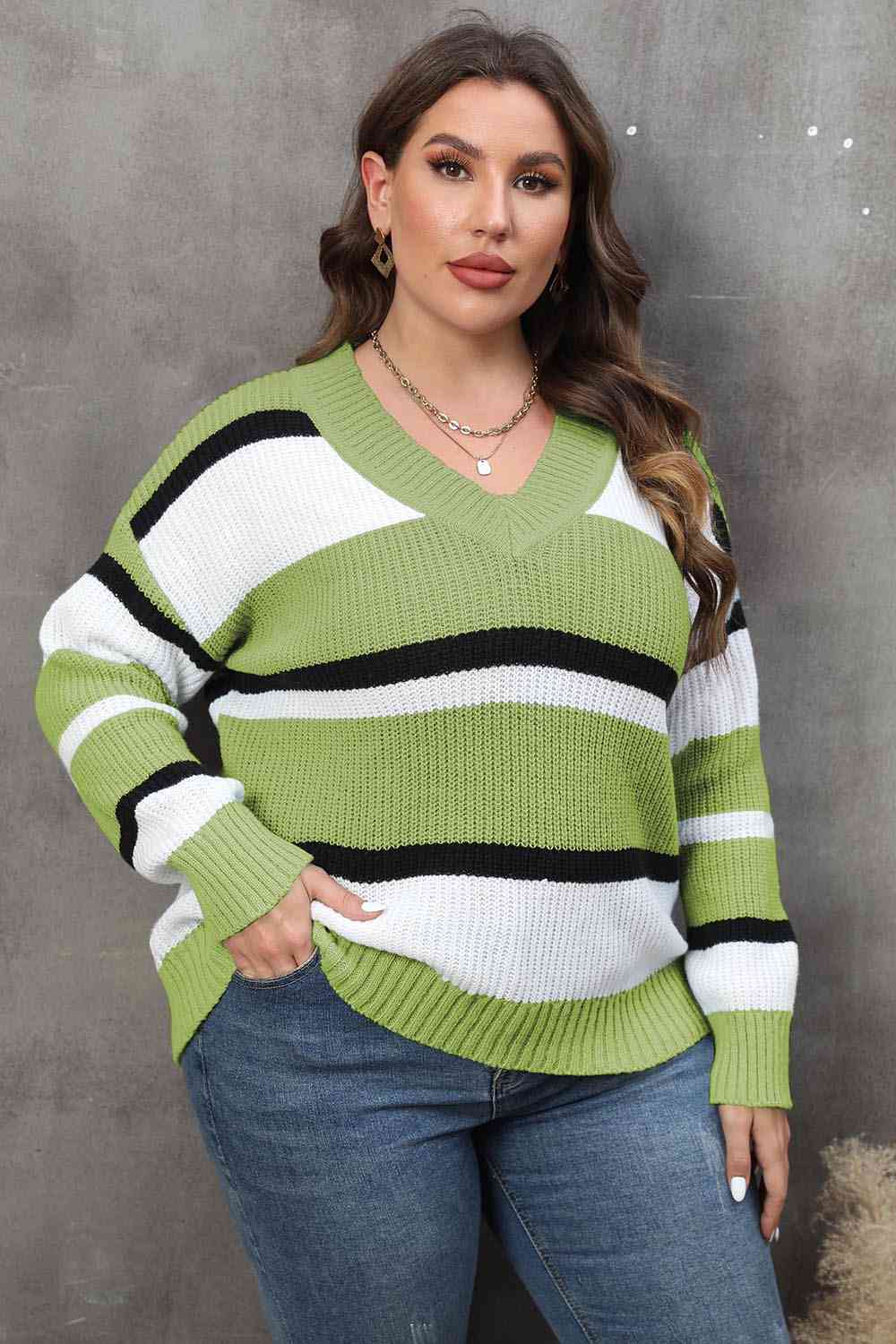 Plus Size Striped V-Neck Dropped Shoulder Sweater - Flyclothing LLC