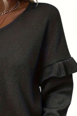 V-Neck Ruffle Trim Long Sleeve Sweater - Flyclothing LLC