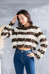 Striped Fringe Round Neck Sweater - Flyclothing LLC