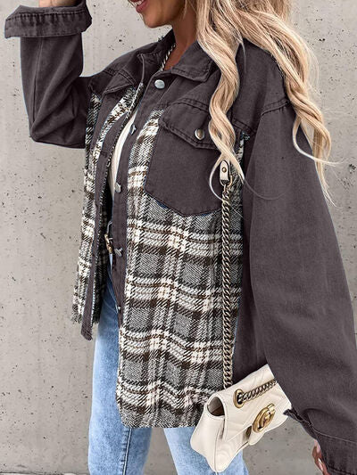 Plaid Button Up Dropped Shoulder Jacket - Flyclothing LLC