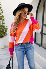 Color Block Ribbed Round Neck Sweater - Trendsi