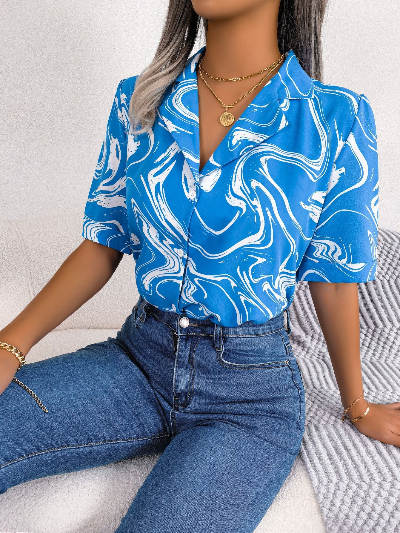 Printed Lapel Collar Shirt - Flyclothing LLC