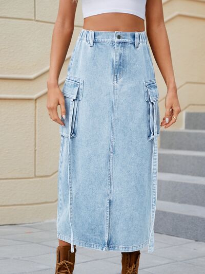 Slit Pocketed High Waist Denim Skirt - Flyclothing LLC