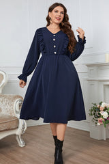 Plus Size V-Neck Buttoned Flounce Sleeve Dress - Flyclothing LLC