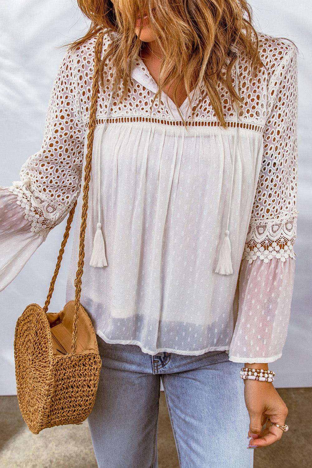 Eyelet Tassel Tie Flare Sleeve Blouse - Flyclothing LLC