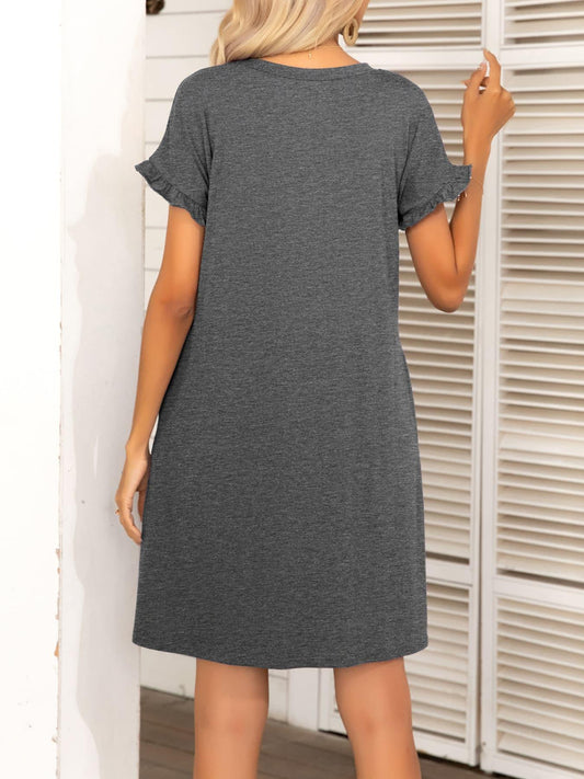 Round Neck Flounce Sleeve Dress with Pockets - Flyclothing LLC