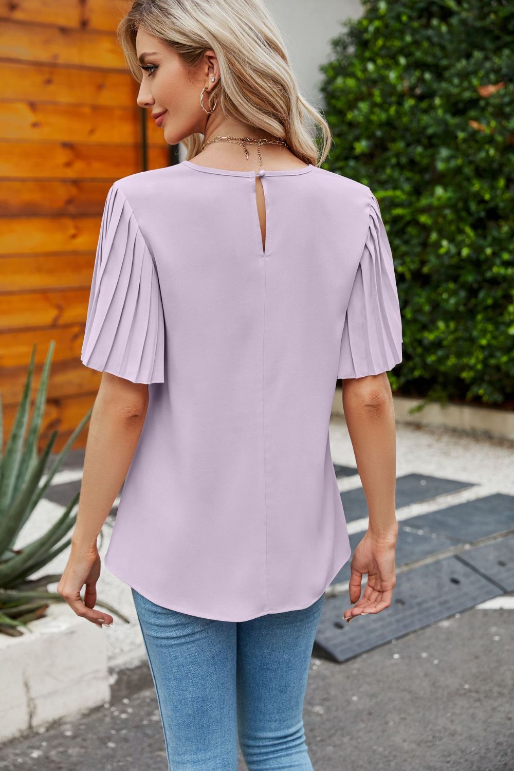 Pleated Flutter Sleeve Round Neck Blouse - Flyclothing LLC