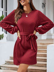 Round Neck Tie Front Long Sleeve Dress - Flyclothing LLC