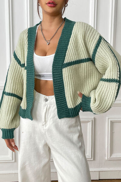 Contrast Open Front Long Sleeve Cardigan - Flyclothing LLC