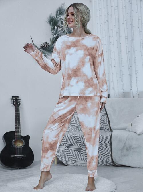 Tie-dye Round Neck Top and Drawstring Pants Lounge Set - Flyclothing LLC